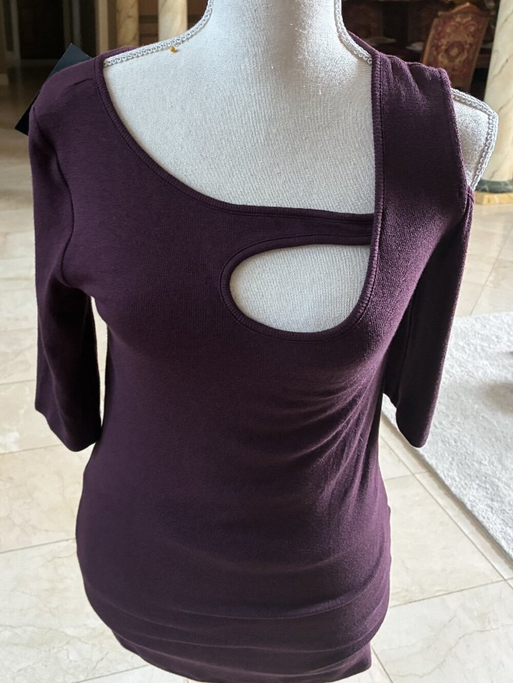 Burgundy Stitch Fix Garima Asymmetric Cold shoulder Top Goldray. Med NWT